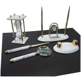Набор настольный Delucci, 6 предметов, белый мрамор с золотой отделкой,часы,MBm_00608