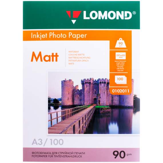 Фотобумага А3 для стр. принтеров Lomond,  90г/м2 (100л) мат.одн.,0102011