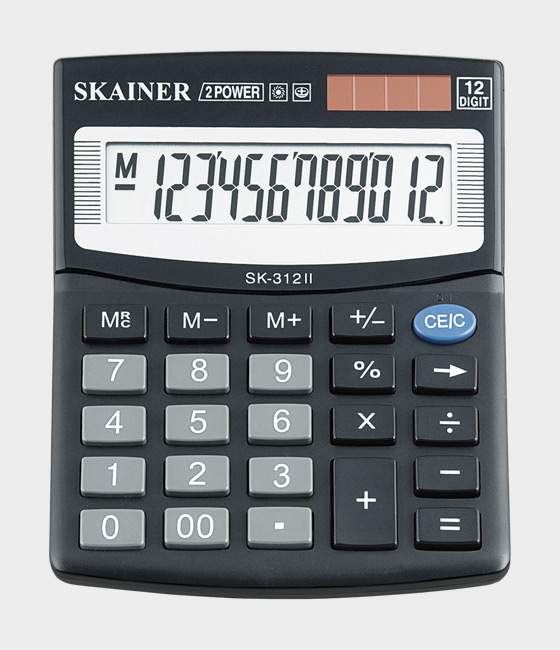 Калькулятор настольный SKAINER SK-312II, 12 разр., двойное питание, 100*124*32мм, черный,SK-312II