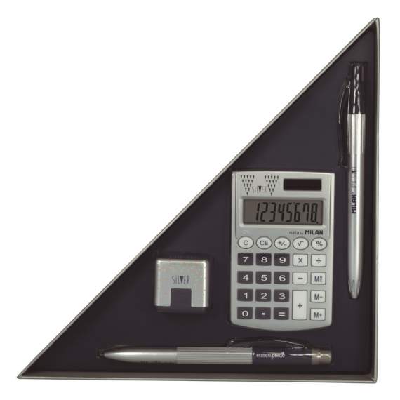 Набор подарочный Milan Silver: калькулятор+ластик+ручка шар.+карандаш механич.,голубой 8737,1032281