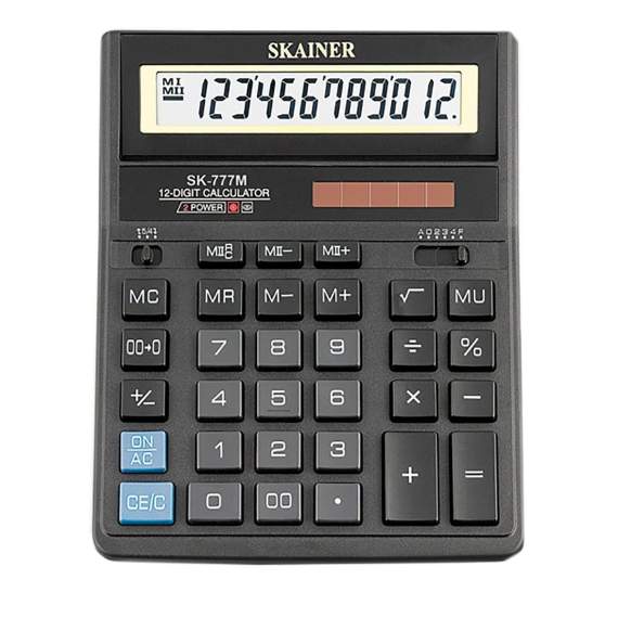 Калькулятор настольный SKAINER SK-777M, 12 разр., двойное питание157x200x32мм,черный,SK-777M