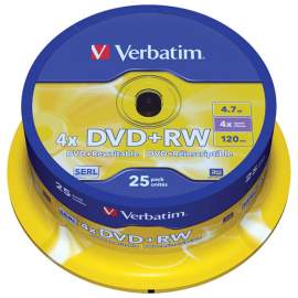 Диск DVD+RW 4.7Gb Verbatim 4x Cake Box ЦЕНА=1шт (туба 25шт), 43489