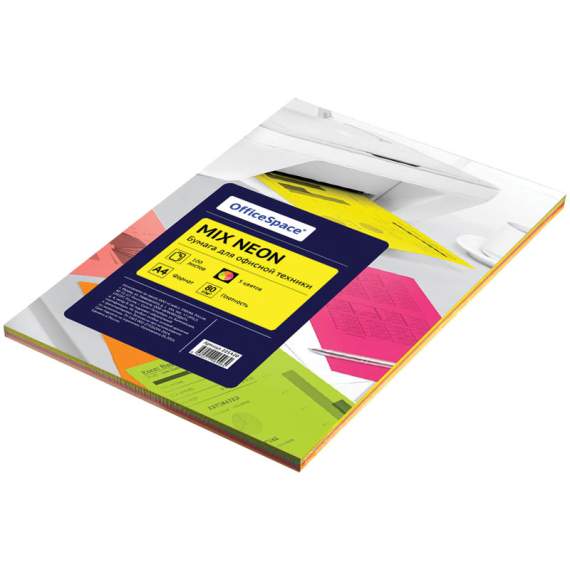 Бумага цветная OfficeSpace neon mix А4, 80г/м2, 100л. (5 цветов),225420