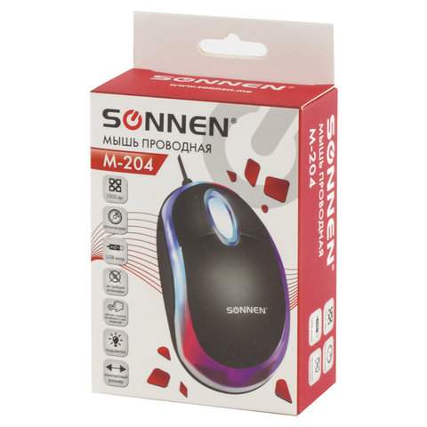 Мышь проводная SONNEN М-204,USB, черный, с подсветкой, 2btn+Roll,512632