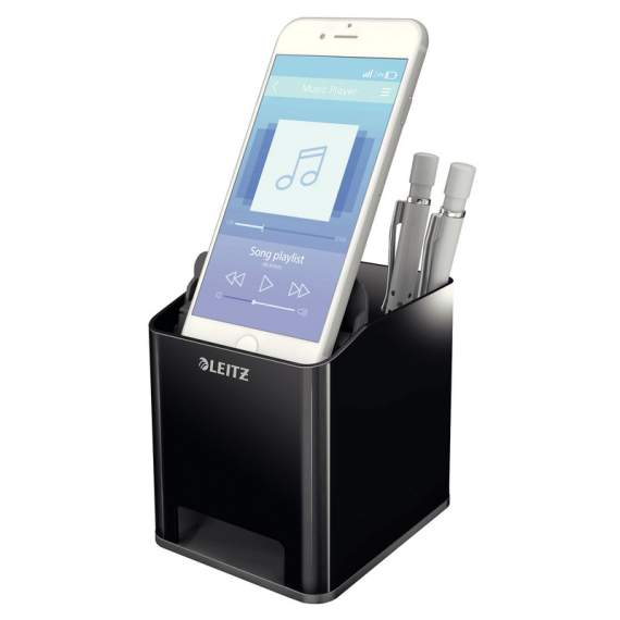 Настольная подставка Leitz WOW, для ручек и смартфона с усилением звука, черн/серый,748558