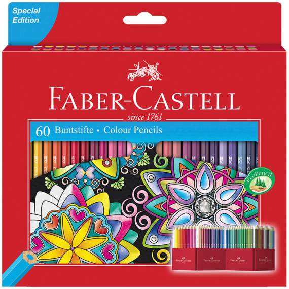 Карандаши цветные Faber-Castell, 60цв., заточен., картон.подставка,европодвес,111260