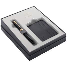 Набор подарочный Parker:ручка перьевая 1,0мм и визитница из экокожи, "Sonnet Black GT",2121991