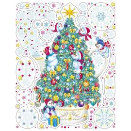 Новогоднее оконное украшение "Елочка и снеговички", ПВХ пленка, с раскраской на картон. подлож,86047