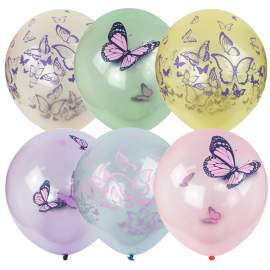 Воздушные шары,(25шт/уп),1шт,M12/30см,ПатиБум"Кристалл Bubble.Бабочки",пастель+декор,4690296070175