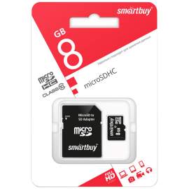 Карта памяти SmartBuy MicroSDHC 8GB UHS-1, Class 10, 23Мб/сек (с адаптером SD),SB8GBSDCL10-01